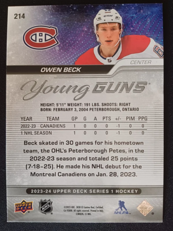 2023/2024 Upper Deck Series 1 Young Guns Outburst 214 Owen Beck Inzert | Paralel - Image 2