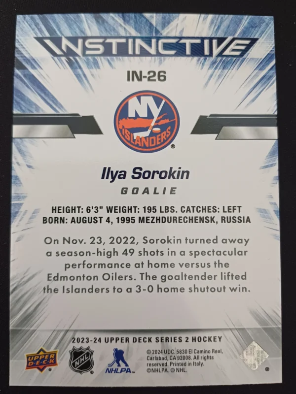 2023/2024 Upper Deck Series 2 Instinctive IN-26 Ilya Sorokin Inzert - Image 2