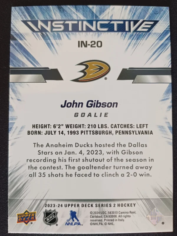 2023/2024 Upper Deck Series 2 Instinctive IN-20 John Gibson Inzert - Image 2