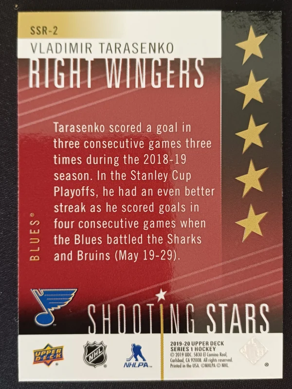 2019/2020 Upper Deck Series 1 Shooting Stars Right Wingers Red SSR-2 Vladimir Tarasenko Inzert | Paralel - Image 2