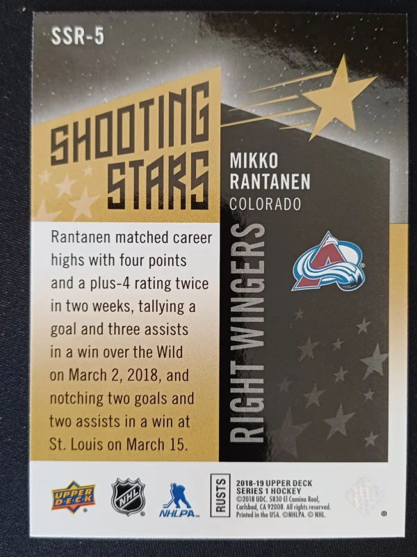 2018/2019 Upper Deck Series 1 Shooting Stars Right Wingers Black SSR-5 Mikko Rantanen Inzert | Paralel - Image 2