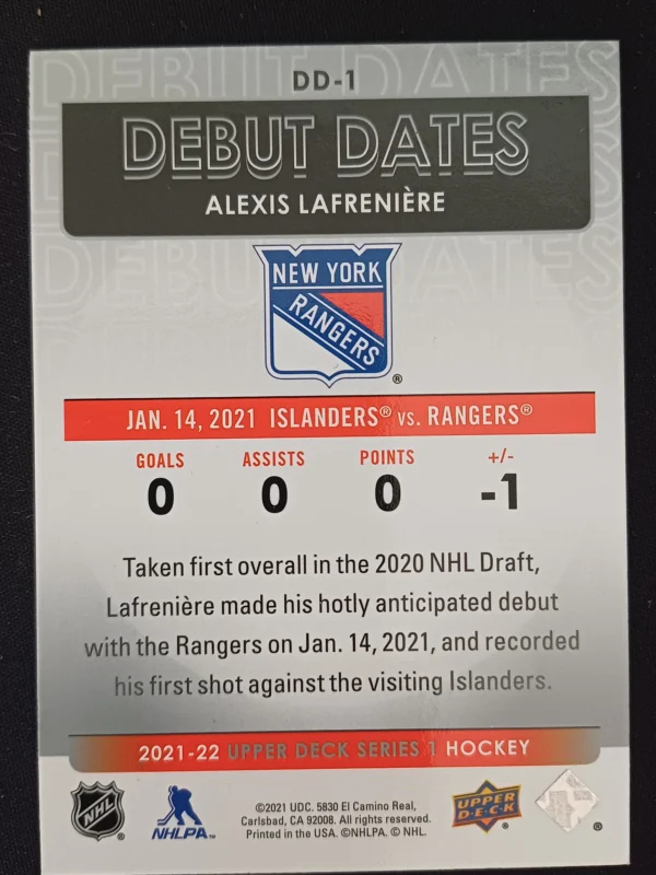 2021/2022 Upper Deck Series 1 Debut Dates DD-1 Alexis Lafreniere Inzert - Image 2