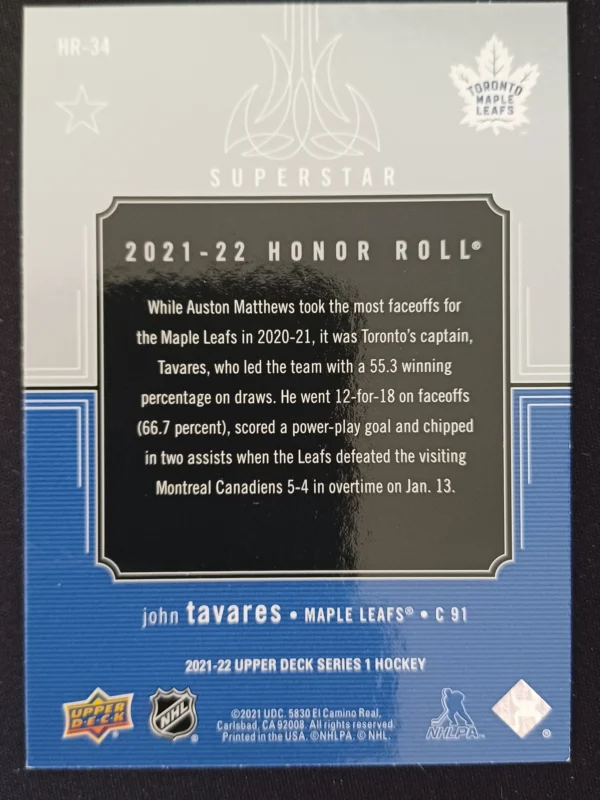 2021/2022 Upper Deck Series 1 Honor Roll HR-34 John Tavares Inzert - Image 2