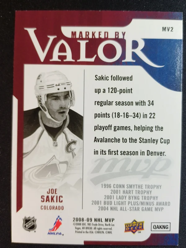 2008/2009 Upper Deck MVP Marked by Valor MV2 Joe Sakic Inzert - Image 2