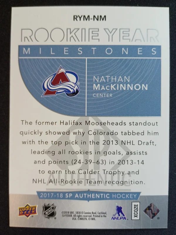2017/2018 Upper Deck SP Authentic Rookie Year Milestones RYM-NM Nathan MacKinnon Inzert - Image 2