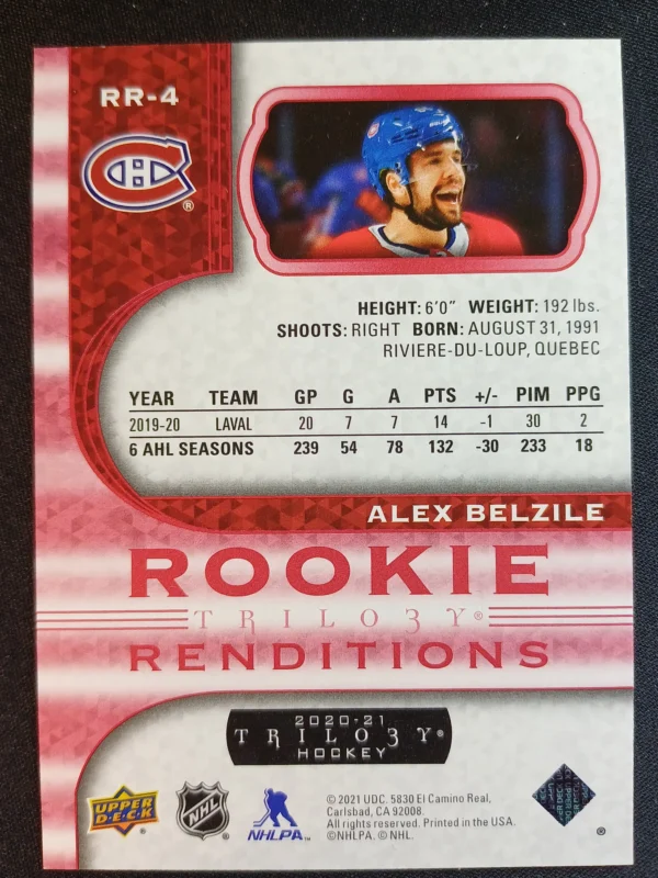 2020/2021 Upper Deck Trilogy Rookie Renditions Red Foil RR-4 Alex Belzile Inzert 086/799 - Image 2