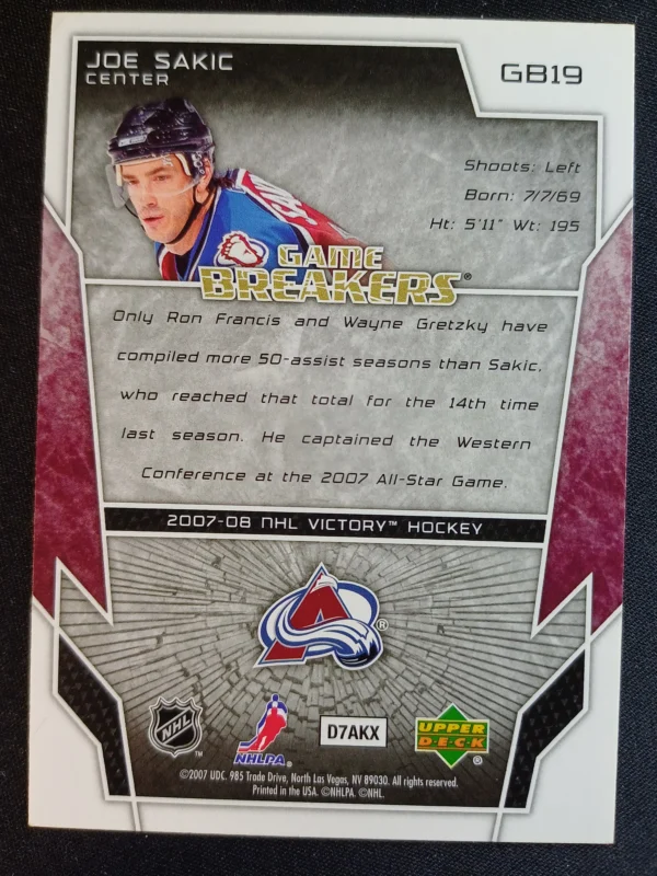 2007/2008 Upper Deck Victory Game Breakers GB19 Joe Sakic Inzert - Image 2