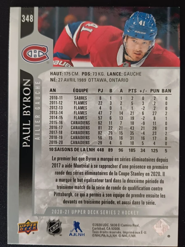 2020/2021 Upper Deck Series 2 Base French 348 Paul Byron Paralel - Image 2