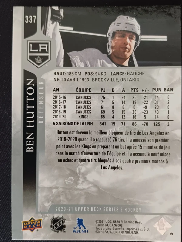 2020/2021 Upper Deck Series 2 Base French 337 Ben Hutton Paralel - Image 2