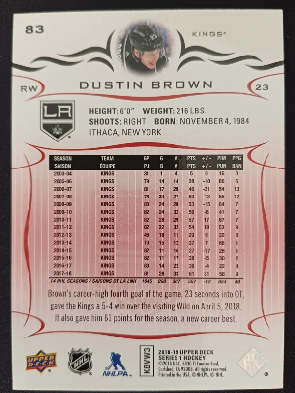 2018/2019 Upper Deck Series 1 Base Exclusives 83 Dustin Brown Paralel 028/100 - Image 2