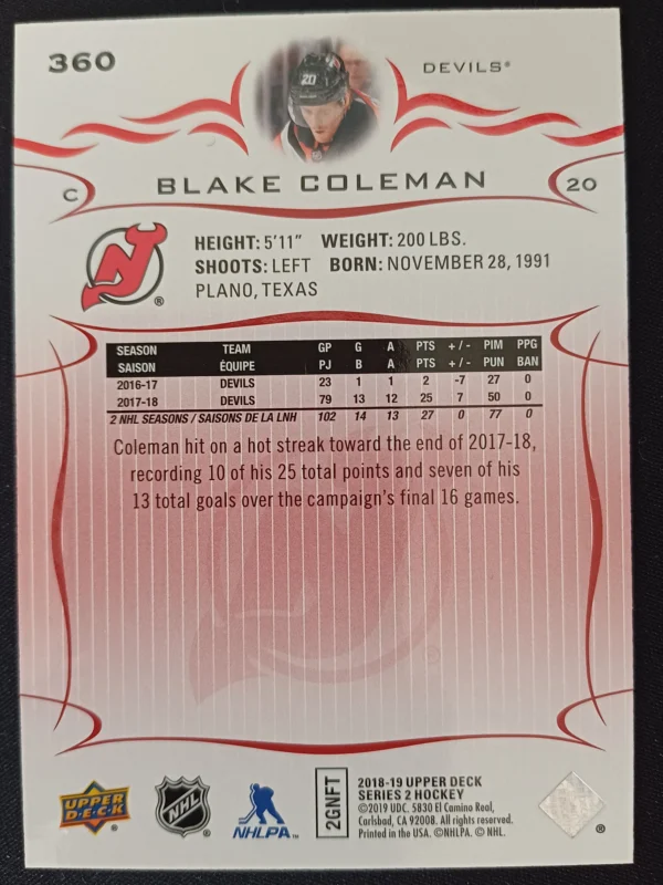 2018/2019 Upper Deck Series 2 Base Exclusives 360 Blake Coleman Paralel 002/100 - Image 2