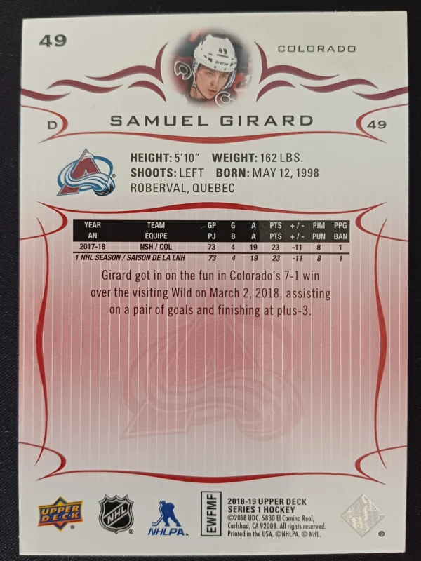 2018/2019 Upper Deck Series 1 Base Exclusives 49 Samuel Girard Paralel 036/100 - Image 2