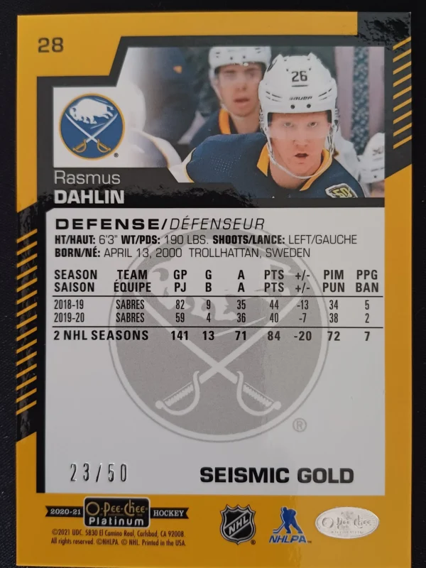 2020/2021 Upper Deck OPC Platinum Seismic Gold 28 Rasmus Dahlin Paralel 23/50 - Image 2
