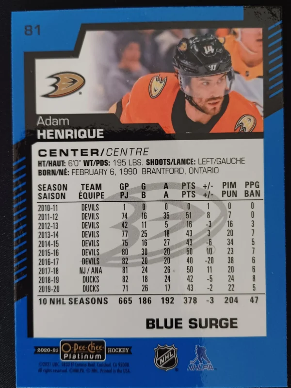 2020/2021 Upper Deck OPC Platinum Blue Surge 81 Adam Henrique Paralel - Image 2