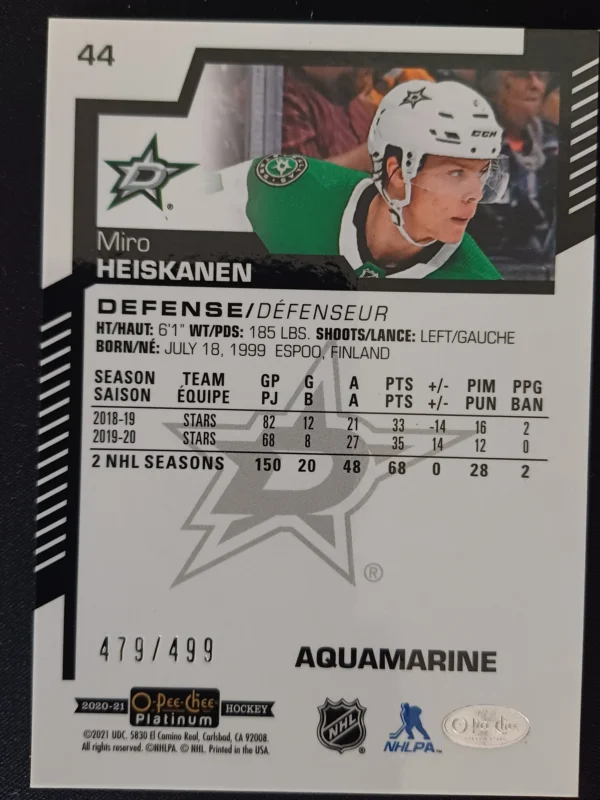 2020/2021 Upper Deck OPC Platinum Aquamarine 44 Miro Heiskanen Paralel 479/499 - Image 2