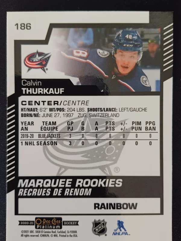 2020/2021 Upper Deck OPC Platinum Rainbow  Marquee Rookie 186 Calvin Thurkauf Paralel - Image 2