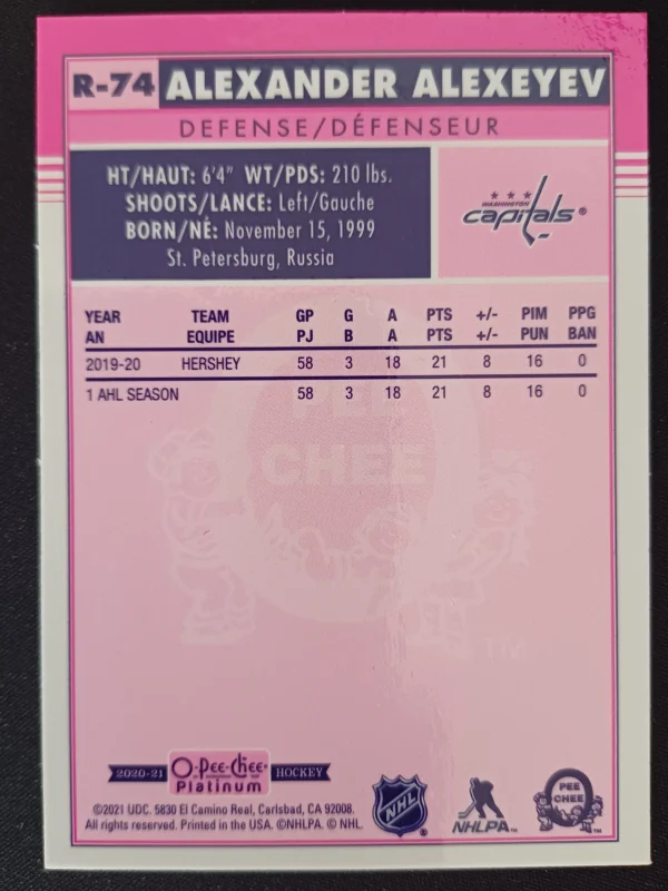 2020/2021 Upper Deck OPC Platinum Retro Marquee Rookie R-74 Alexander Alexeyev Paralel - Image 2