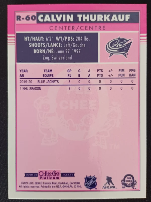2020/2021 Upper Deck OPC Platinum Retro Marquee Rookie R-60 Calvin Thurkauf Paralel - Image 2