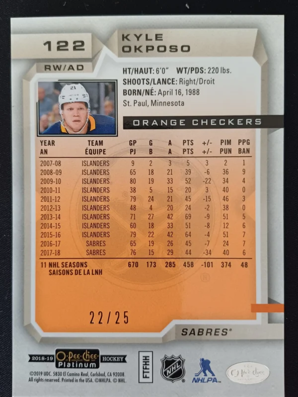 2018/2019 Upper Deck OPC Platinum Orange Checkers 122 Kyle Okposo Paralel 22/25 - Image 2