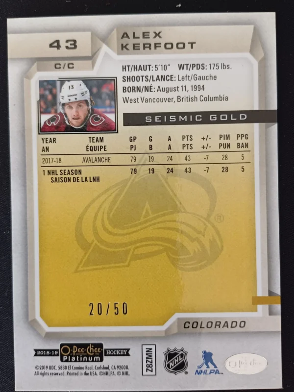 2018/2019 Upper Deck OPC Platinum Seismic Gold 43 Alex Kerfoot Paralel 20/50 - Image 2