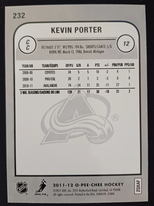 2011/2012 Upper Deck O-Pee-Chee Rainbow 232 Kevin Porter Paralel - Image 2