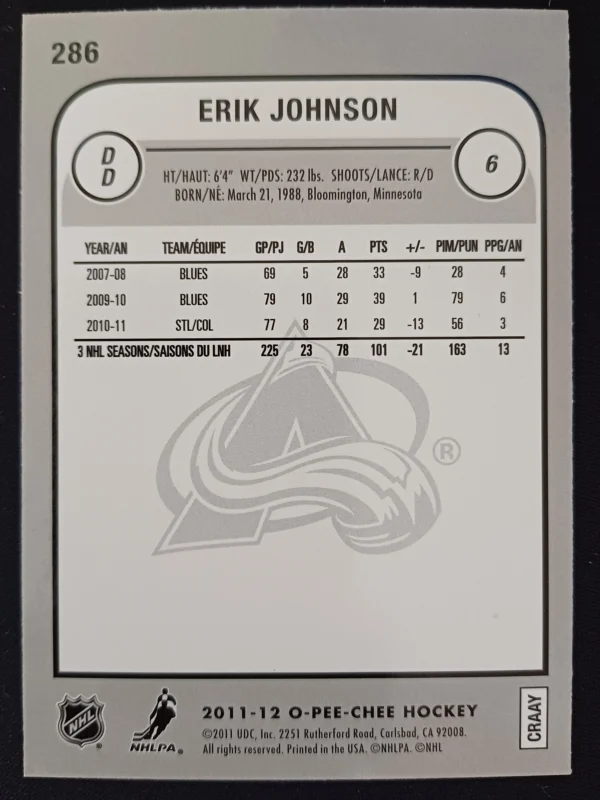 2011/2012 Upper Deck O-Pee-Chee Rainbow 286 Erik Johnson Paralel - Image 2