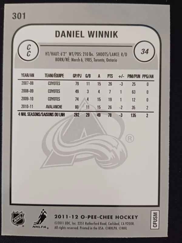 2011/2012 Upper Deck O-Pee-Chee Rainbow 301 Daniel Winnik Paralel - Image 2