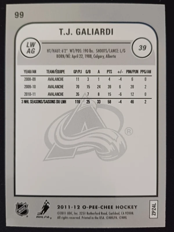 2011/2012 Upper Deck O-Pee-Chee Rainbow 99 T.J. Galiardi Paralel - Image 2