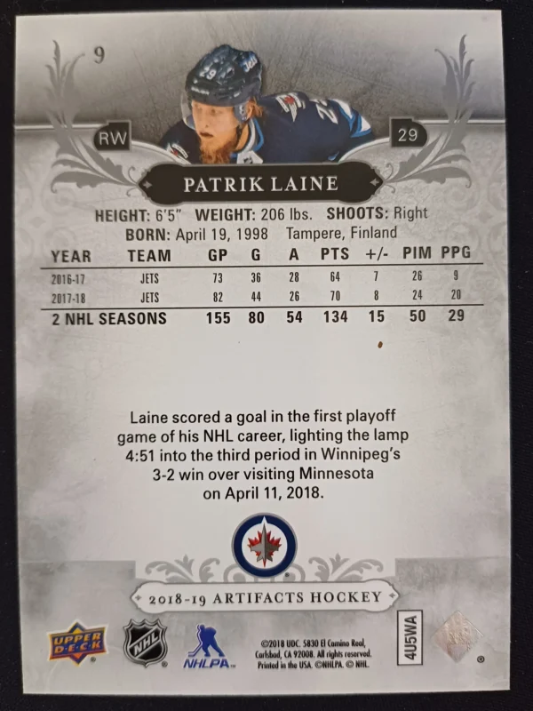 2018/2019 Upper Deck Artifacts Aqua 9 Patrik Laine Paralel 26/45 - Image 2
