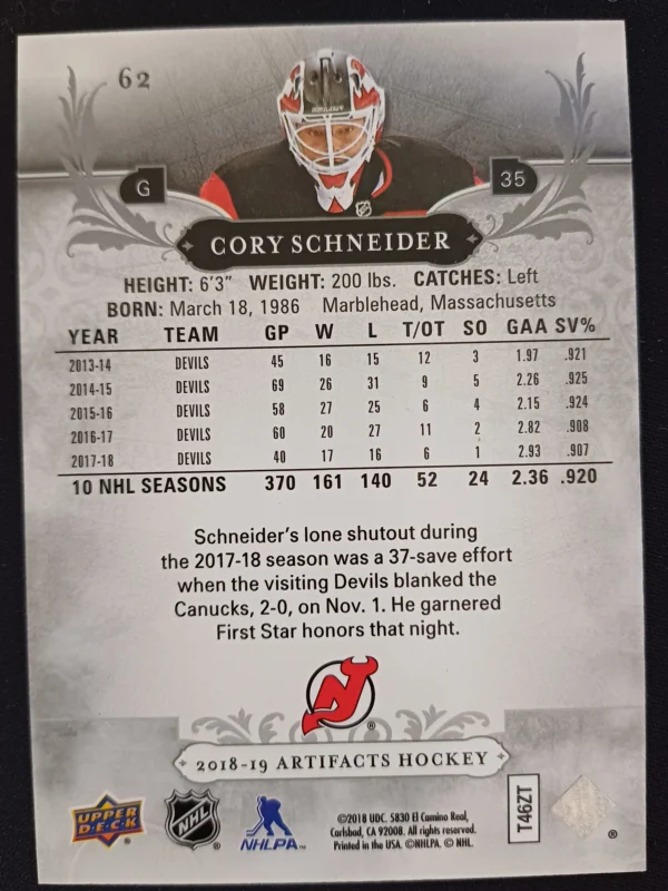 2018/2019 Upper Deck Artifacts Aqua 62 Cory Schneider Paralel 38/45 - Image 2