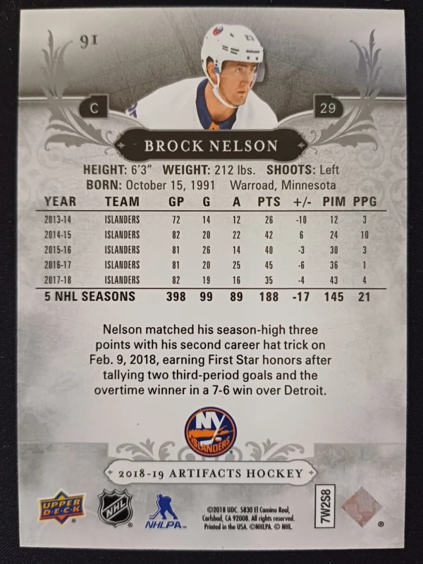 2018/2019 Upper Deck Artifacts Aqua 91 Brock Nelson Paralel 10/45 - Image 2
