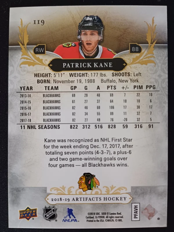 2018/2019 Upper Deck Artifacts Aqua 119 Patrick Kane Paralel 39/45 - Image 2