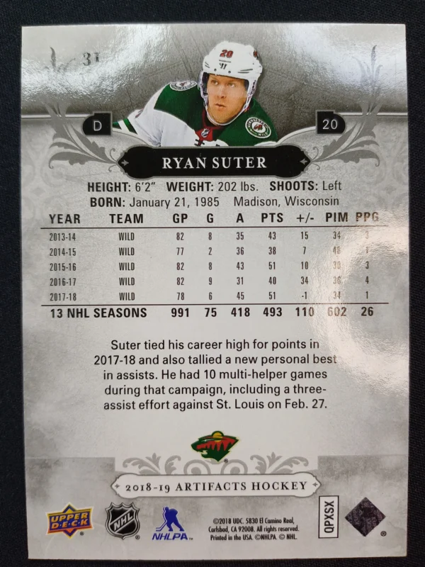 2018/2019 Upper Deck Artifacts Emerald 31 Ryan Suter Paralel 32/99 - Image 2