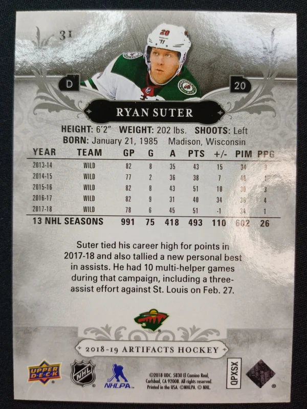 2018/2019 Upper Deck Artifacts Ruby 31 Ryan Suter Paralel 212/299 - Image 2