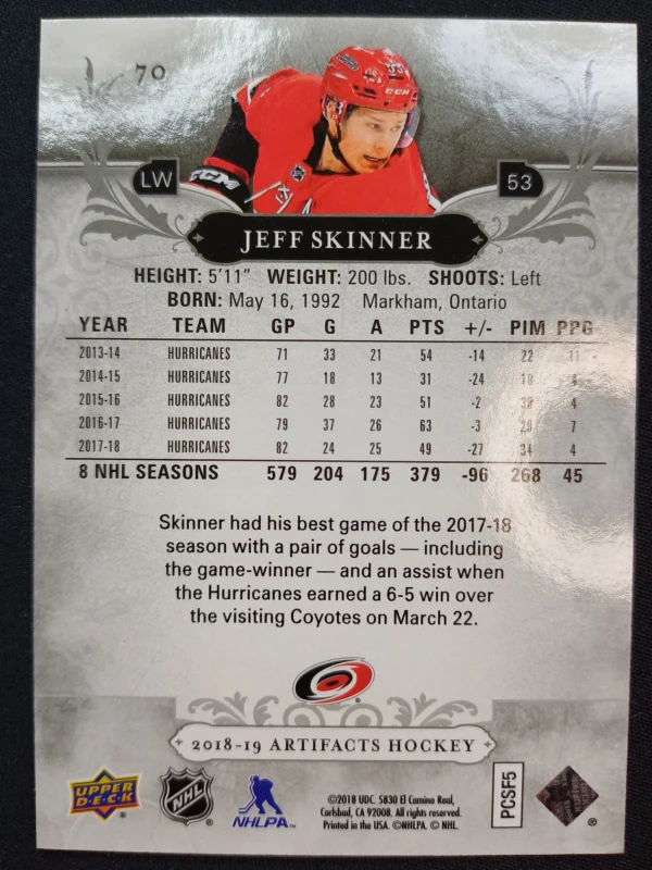2018/2019 Upper Deck Artifacts Ruby 70 Jeff Skinner Paralel 263/299 - Image 2