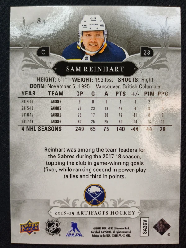 2018/2019 Upper Deck Artifacts Ruby 84 Sam Reinhart Paralel 172/299 - Image 2