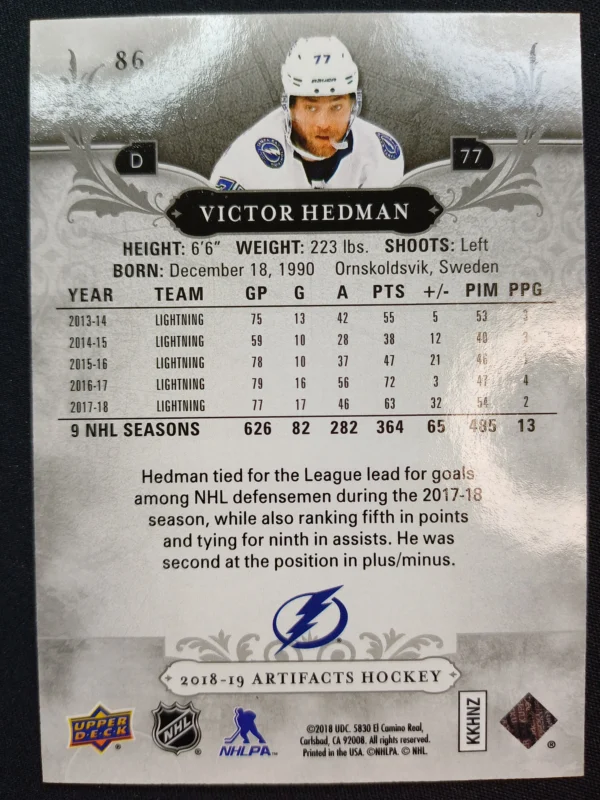 2018/2019 Upper Deck Artifacts Ruby 86 Victor Hedman Paralel 050/299 - Image 2