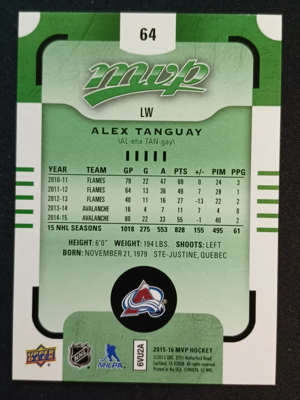 2015/2016 Upper Deck MVP Green 64 Alex Tanguay Paralel - Image 2