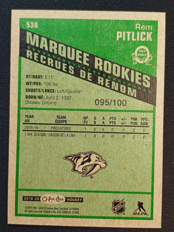 2019/2020 Upper Deck O-Pee-Chee Retro Black Border Marquee Rookie 538 Rem Pitlick Paralel 095/100 - Image 2