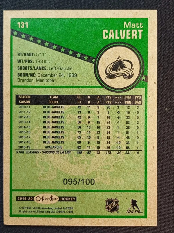 2019/2020 Upper Deck O-Pee-Chee Retro Black Border 131 Matt Calvert Paralel 095/100 - Image 2