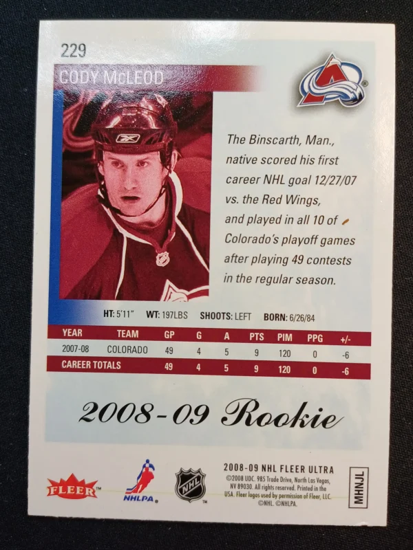 2008/2009 Fleer Ultra Gold Medallion Super Rookie 229 Cody McLeod Paralel - Image 2