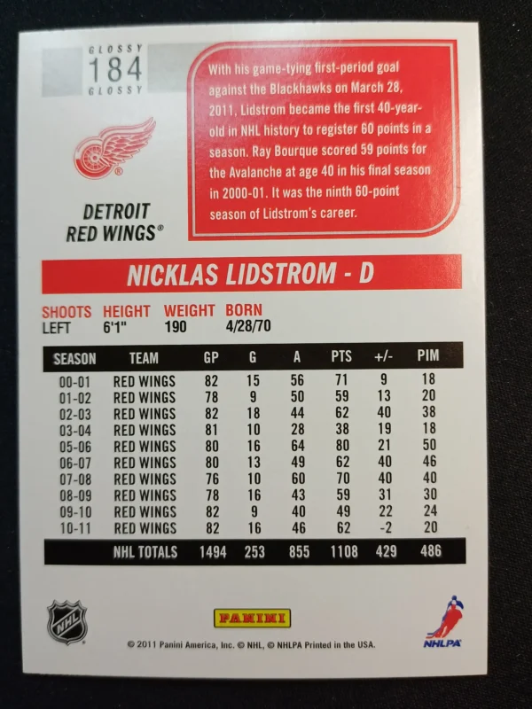 2011/2012 Panini Score Glossy 184 Nicklas Lidstrom Paralel - Image 2