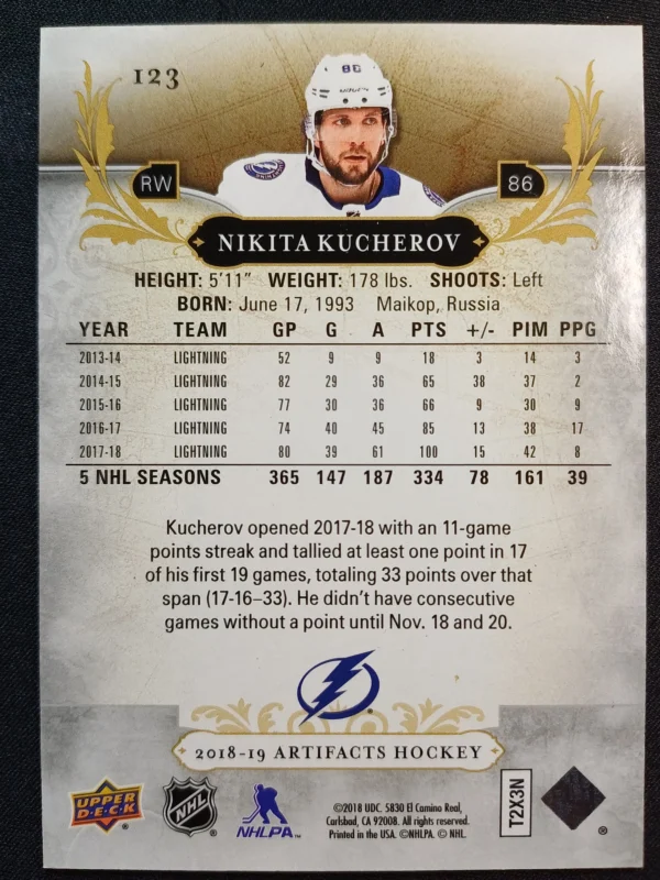 2018/2019 Upper Deck Artifacts Base 123 Nikita Kucherov 074/699 - Image 2