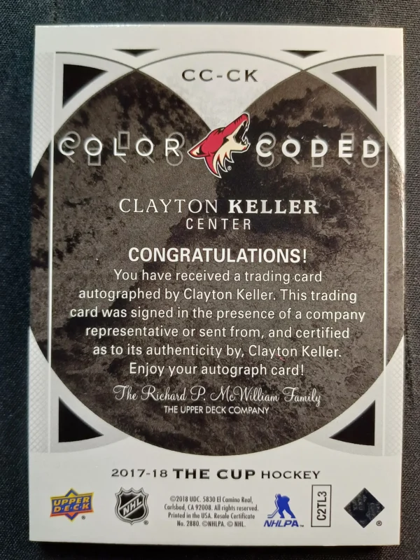 2017/2018 Upper Deck The Cup Color Coded CC-CK Clayton Keller AUTO 01/44 - Image 2