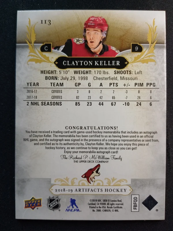 2018/2019 Upper Deck Artifacts AUTO Jersey 113 Clayton Keller AUTO Jersey 34/45 - Image 2