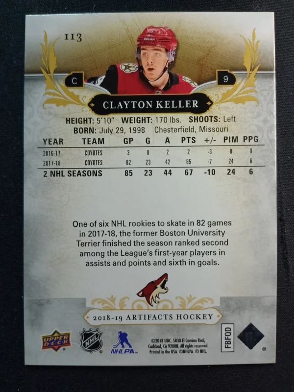 2018/2019 Upper Deck Artifacts Aqua 113 Clayton Keller Paralel 40/45 - Image 2