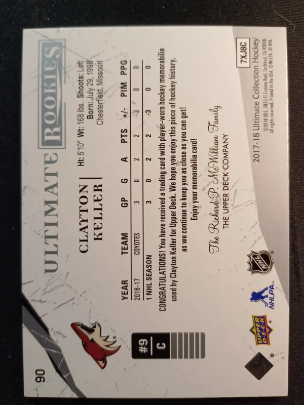 2017/2018 Upper Deck Ultimate Collection Ultimate Rookies 90 Clayton Keller Jersey 279/299 - Image 2