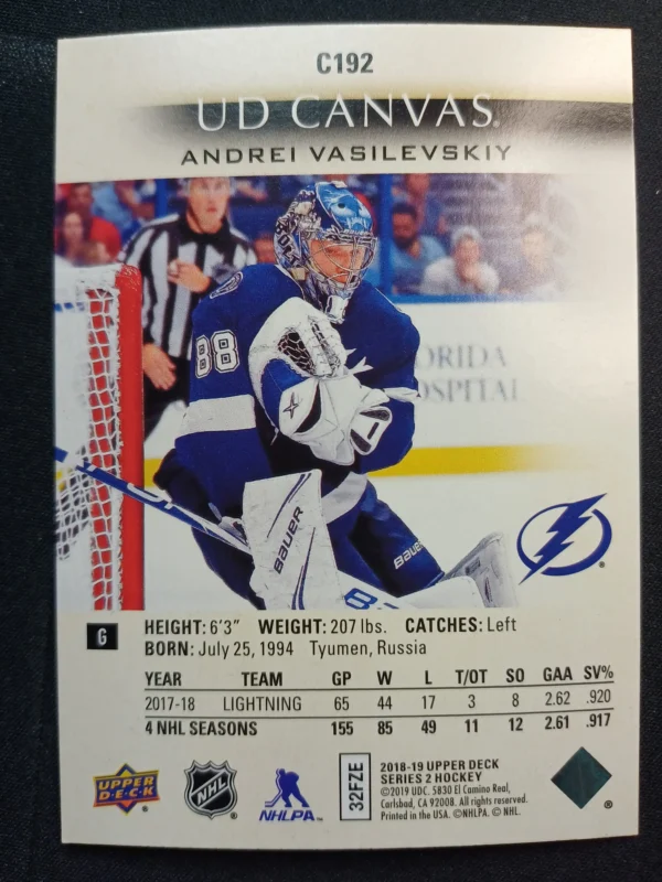 2018/2019 Upper Deck Series 2 Canvas C192 Andrei Vasilevskiy Inzert - Image 2