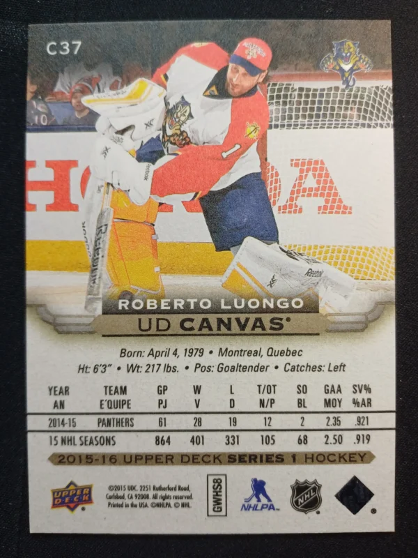 2015/2016 Upper Deck Series 1 Canvas C37 Roberto Luongo Inzert - Image 2
