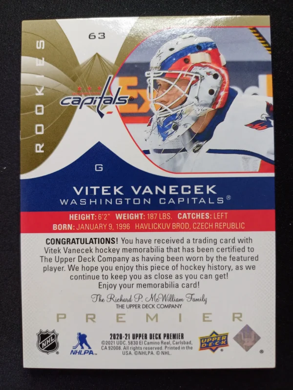 2020/2021 Upper Deck Premier Rookie AUTO Patch 63 Vitek Vanecek Patch 22/49 - Image 2